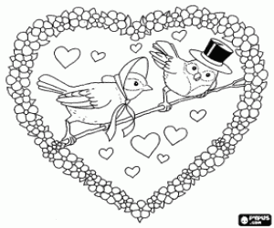 desenho de Duas aves namoradas num cora��o com flores para colorir