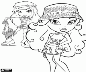 desenho de Duas meninas Bratz com chap�us, cal��es e camisas para o ver�o para colorir