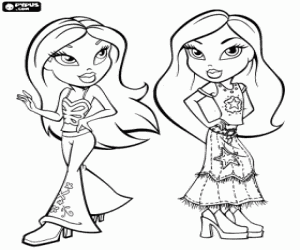 desenho de Duas meninas Bratz com seus modelos de ver�o estilo hippy para colorir