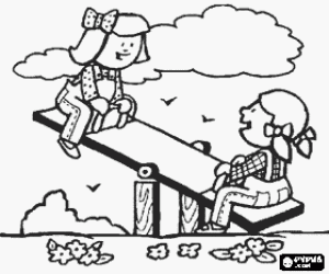 desenho de Duas meninas brincam com um balanc� ou gangorra no parque para colorir