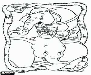 desenho de Dumbo, o seu amigo rato e sua m�e desejando um Feliz Natal com um retrato emoldurado por uma coroa de Natal para colorir
