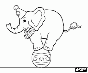 desenho de Elefante treinado vestido e agindo em um circo andando sobre uma bola para colorir