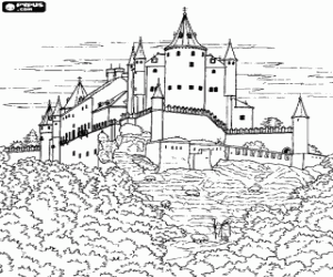 desenho de Enorme castelo cercado por bosques e um pastor com suas ovelhas perto das muralhas para colorir