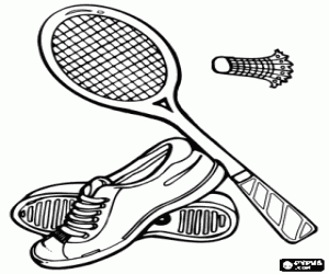 desenho de Equipamento b�sico para a pr�tica de badminton: Cal�ado badminton, raquete e peteca ou volante para colorir
