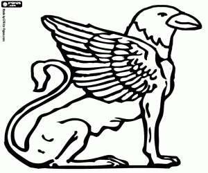 desenho de Esfinge com corpo de le�o  e cabe�a e asas de um falc�o para colorir