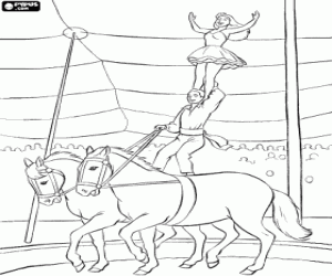 desenho de Espet�culo de circo com dois acrobatas artistas, um acima do outro, sobre dois cavalos em movimento para colorir