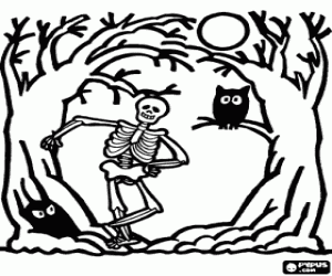 desenho de Esqueleto e coruja na floresta com uma lua cheia na noite de Halloween para colorir