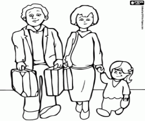 desenho de Família de viagem, a mãe eo pai carregando o bagagem para colorir