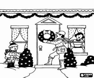 desenho de Fam�lia decorando a entrada de sua casa para o Natal para colorir