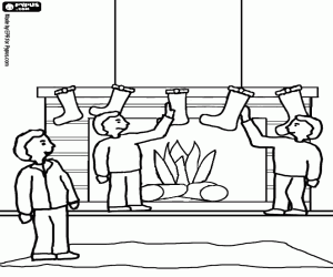 desenho de Fam�lia decorando a lareira com as meias durante as f�rias de Natal para colorir