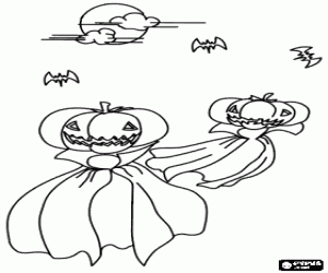 desenho de Fantasmas com capa e cabe�a de ab�bora voando com os morcegos na noite de Halloween para colorir