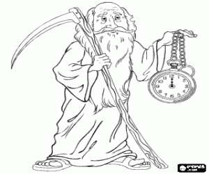 desenho de Father Time como uma personifica��o do ano velho, um homem idoso de barba vestindo um roup�o, carregando uma foice e um relogio para colorir