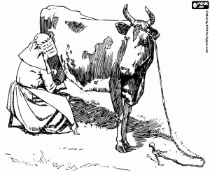 desenho de Fazendeiro ordenhando uma vaca, sentado num banquinho tira a m�o o leite do animal para colorir