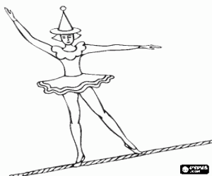 desenho de Garota equilibrista vestida como uma bailarina e com chap�u c�nico caminhando na corda para colorir