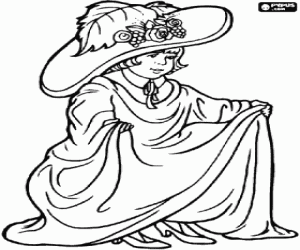 desenho de Garota vestida como uma senhora com um vestido e chap�u para colorir