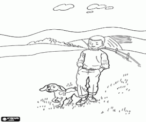 desenho de Garoto andando no campo com o seu cão, um dia de outono para colorir