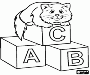 desenho de Gato que descansa em cima dos blocos com letras para colorir