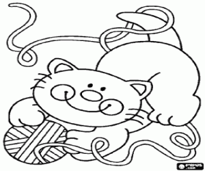 desenho de Gato sorridente brincando com uma bola de l� para colorir