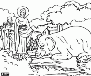 desenho de Gautama Buddha com um elefante selvagem domesticado pela sua bondade lamorosa para colorir