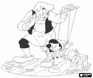 desenho de Geppeto manipulando o boneco de madeira apenas feito  para colorir