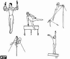 desenho de Gin�stica art�stica - Argolas, cavalo com al�as, barras assim�tricas, barra fixa e trave para colorir