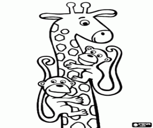 desenho de Girafa brincando com dois macacos no seu longo pesco�o para colorir