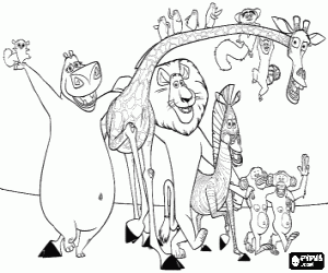desenho de Gl�ria a hipop�tamo, Melman a girafa, o le�o Alex, Marty a zebra com outros protagonistas das aventuras para colorir