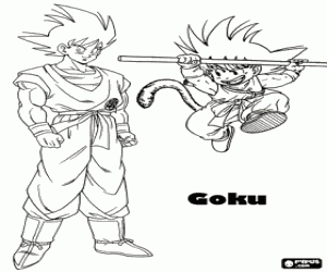 desenho de Goku crian�a pulando e Goku adulto, um ser humano com cauda de macaco para colorir