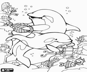 desenho de Golfinhos em uma vida imagin�ria no mar para colorir