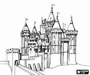 desenho de Grande castelo com a sua torre e ponte de acesso para colorir