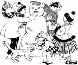 desenho de Grupo de crian�as brincando e um cachorro para fazer um boneco de neve para colorir