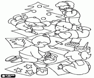 desenho de Grupo de crian�as, desenhando e pintando o Natal para colorir