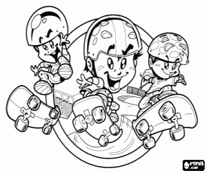 desenho de Grupo de crian�as ou de skatistas praticando com os skates ou monopatins para colorir