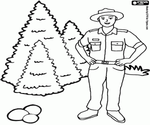 desenho de Guarda florestal ou guarda-parques no patrulhamento da montanha para colorir