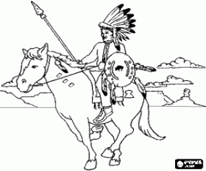 desenho de Guerreiro �ndio cavalgando em toda a plan�cie com as montanhas atr�s com as suas plumas, escudo e lan�a para colorir