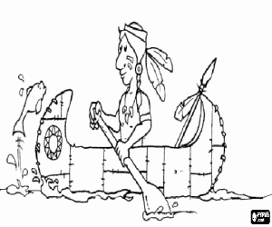 desenho de Guerreiro �ndio com o rosto pintado e penas na cabe�a, remando na sua canoa para colorir