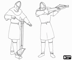 desenho de Guerreiros ou soldados com capacetes cargando e disparando umas bestas ou balestras para colorir