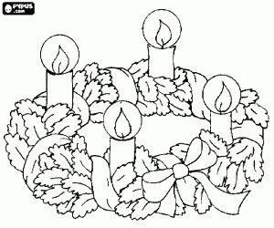 desenho de Guirlanda de Natal colocada na mesa adornada com um la�o, fita e quatro velas para colorir