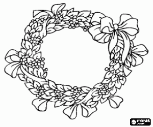 desenho de Guirlanda de Natal feita de folhas, frutos e fitas para colorir