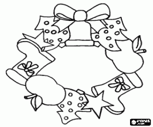 desenho de Guirlanda de Natal feita por pinheiros decorados, botas, estrelas, ma��s e sino com la�o para colorir