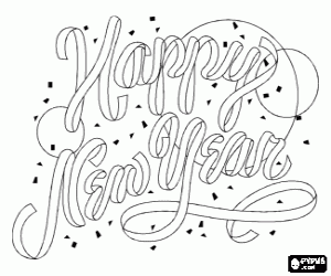 desenho de Happy New Year com letras feitas com serpentina para colorir
