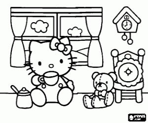 desenho de Hello Kitty bebendo com um copo na frente da janela com seu ursinho de pel�cia Tiny Chum para colorir