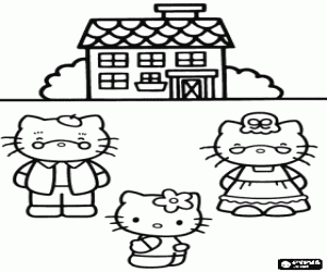 desenho de Hello Kitty com os av�s na frente da casa para colorir