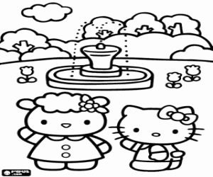 desenho de Hello Kitty com sua amiga Fifi frente de um belo chafariz no parque para colorir