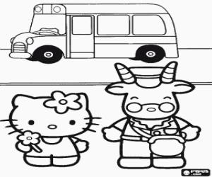 desenho de Hello Kitty e o condutor ou motorista de �nibus escolar de p� na frente do ve�culo para colorir