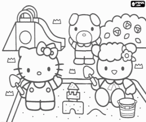 desenho de Hello Kitty e seus amigos Fifi e o cachorro Jody jogando no parque para colorir