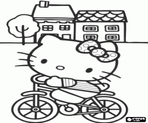 desenho de Hello Kitty feliz andando de bicicleta para colorir