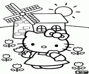 desenho de Hello Kitty leva papoilas enquanto passeia moinho um passado no campo para colorir