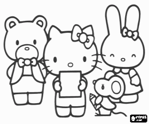 desenho de Hello Kitty na escola com os amigos Cathy, Tippy e Joey para colorir