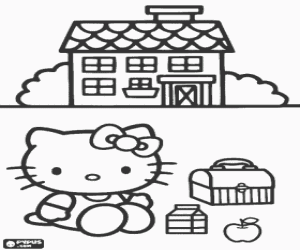 desenho de Hello Kitty na frente de sua casa com o seu lanche ou sua merienda para colorir